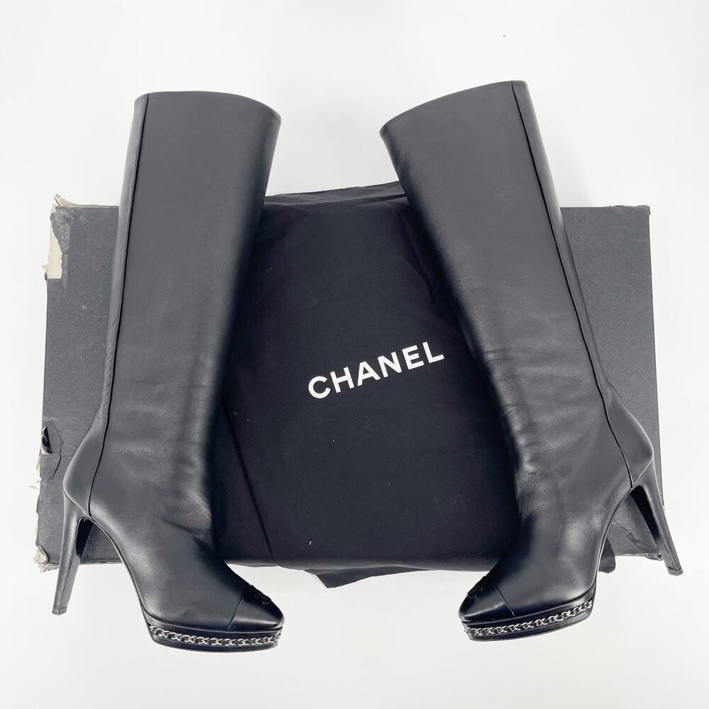 Chanel Black Lambskin CC Cap Toe Chain Detail Knee High Heel Boot size EU 37
